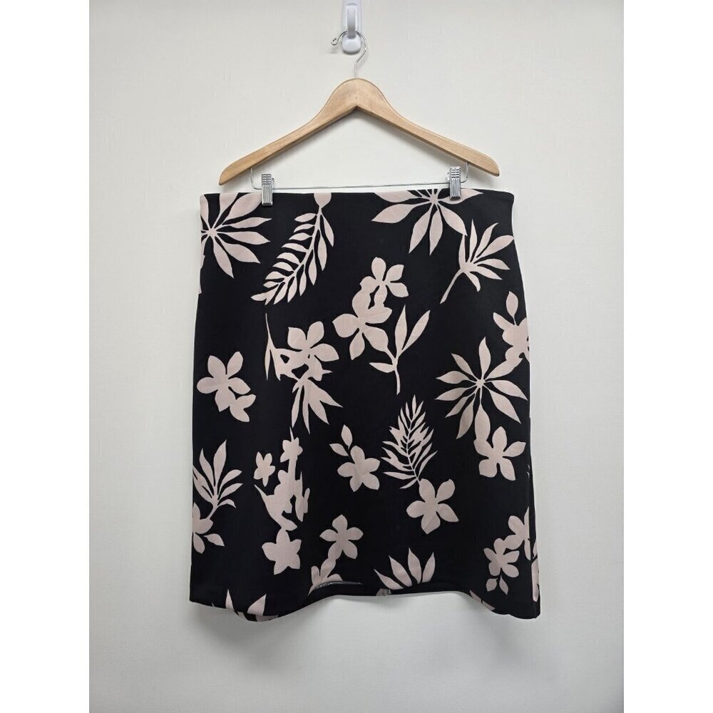EVRI Black Tan Floral Midi Skirt Women's Plus Size 1X Comfort Waistband Stretch